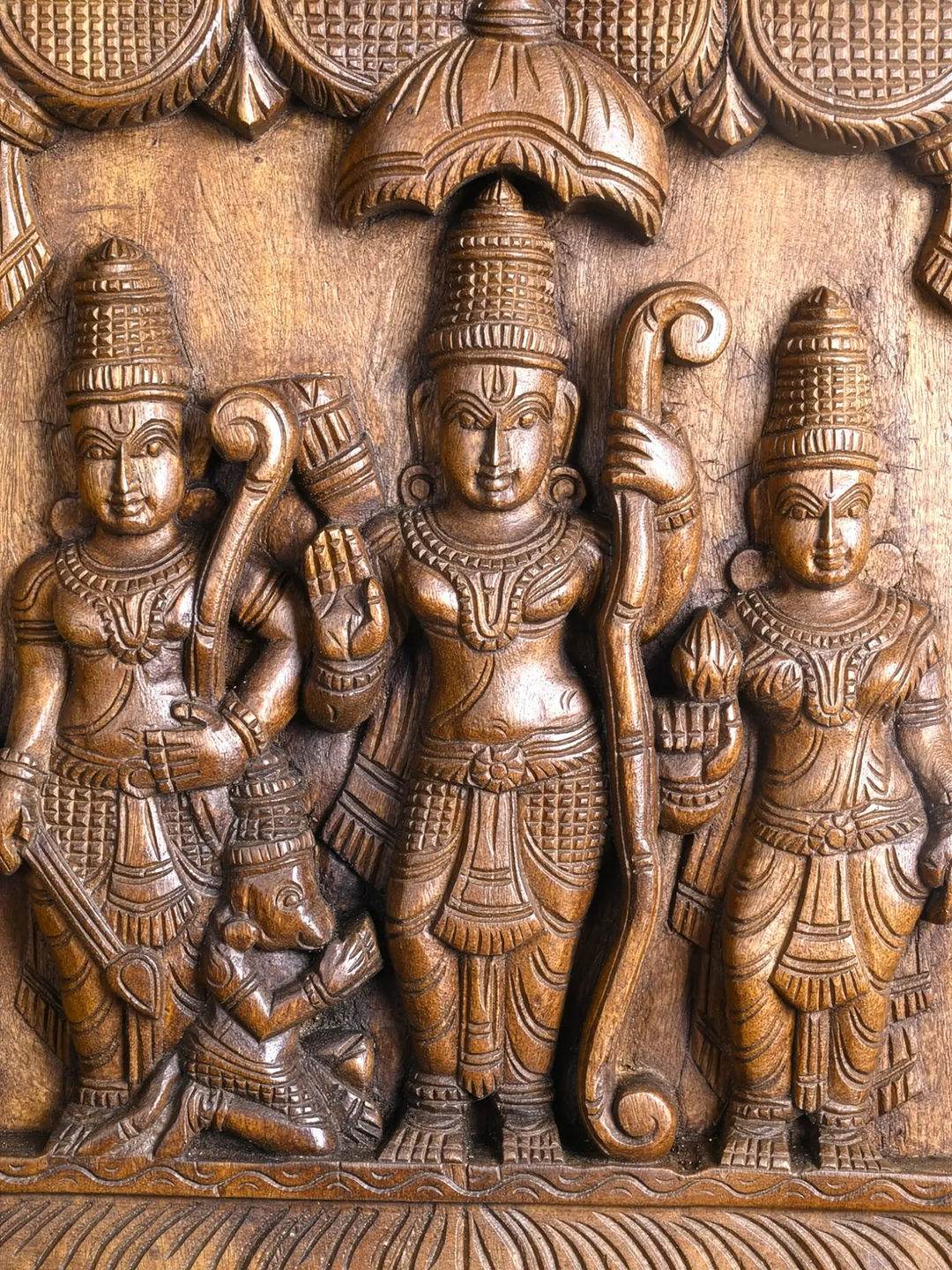 Wooden Hand Carved Ram Sita Lakshmana wall panel 18"