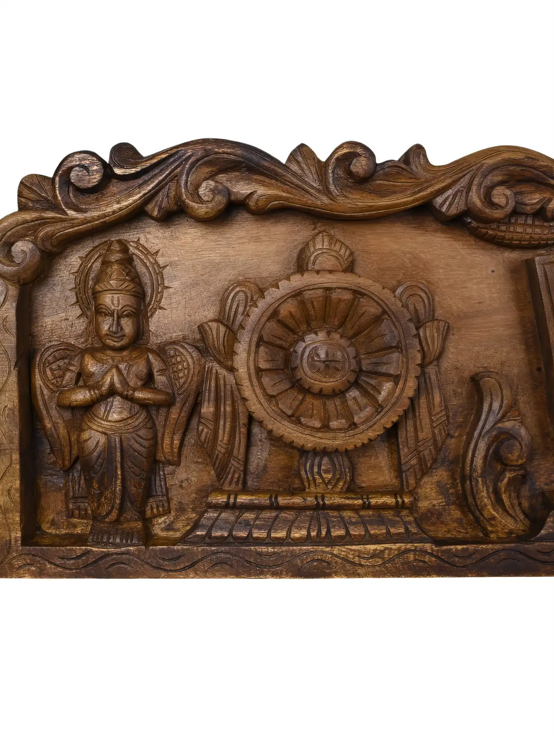 Wooden Shankha Chakra panel for Hindu temple decoration