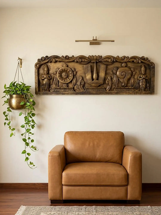 Vishnu Shanku Chakra wooden wall panel with traditional carving