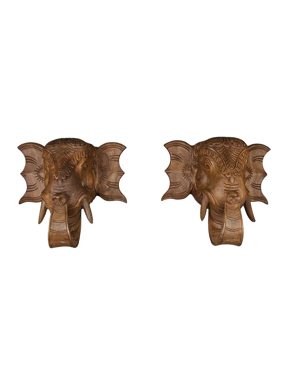 Pair of wooden elephant head brackets for wall decoration
