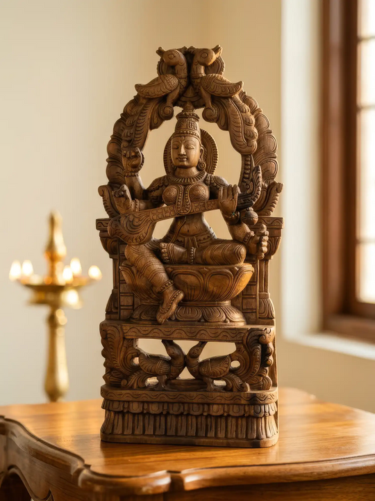 Wooden Saraswati Idol – Handcrafted Goddess of Knowledge Statue