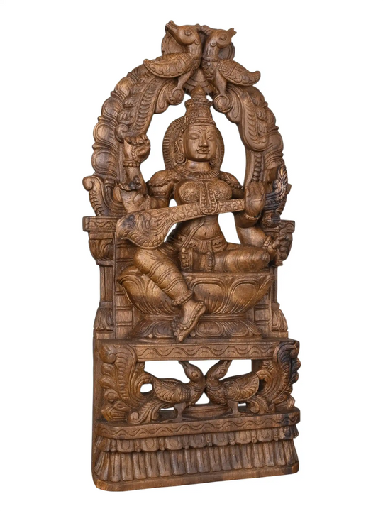 Beautiful Wooden Saraswati Murti | Traditional Temple Art