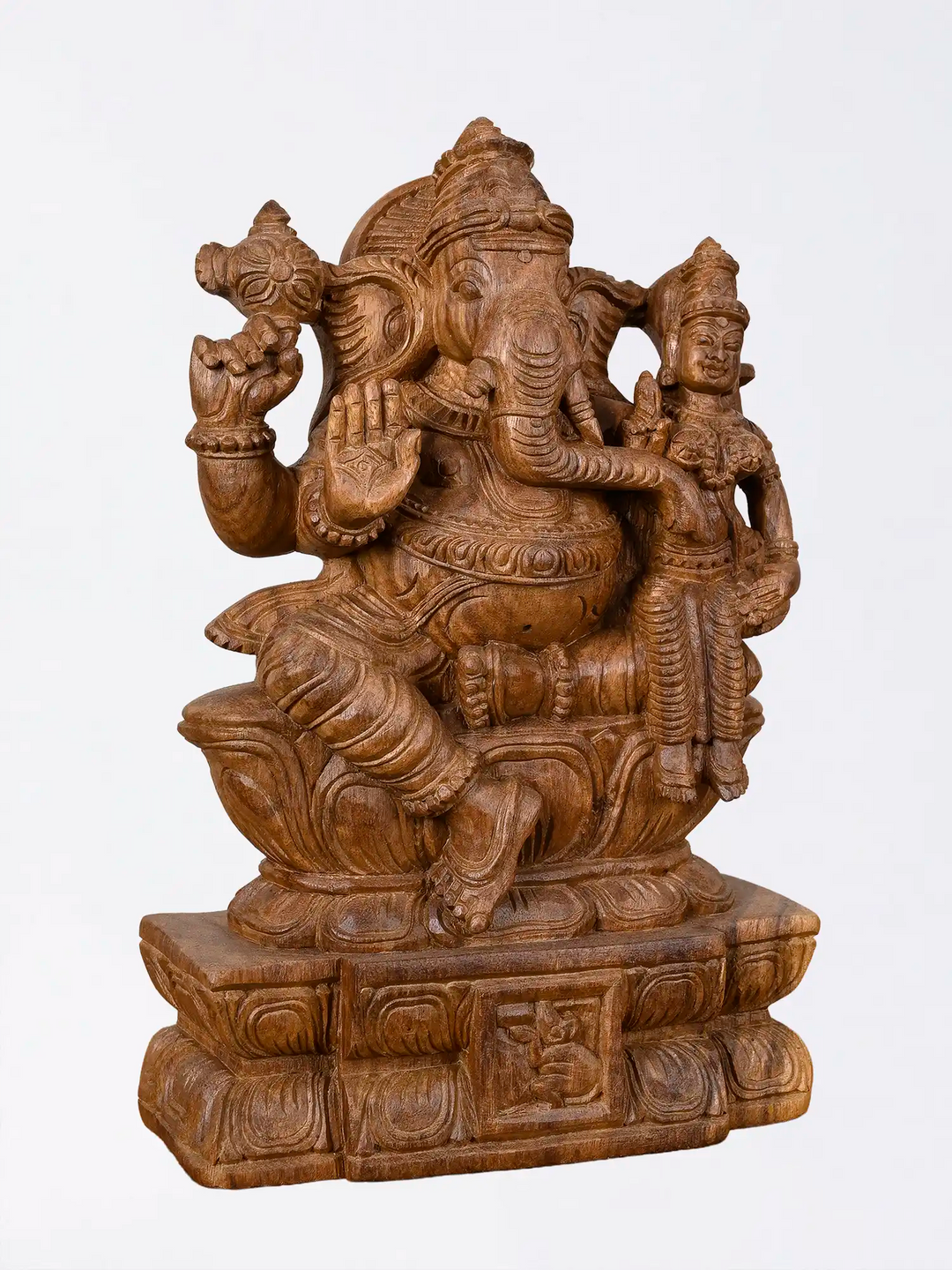 Handcrafted Vallabha Ganesh wooden idol with traditional temple carving