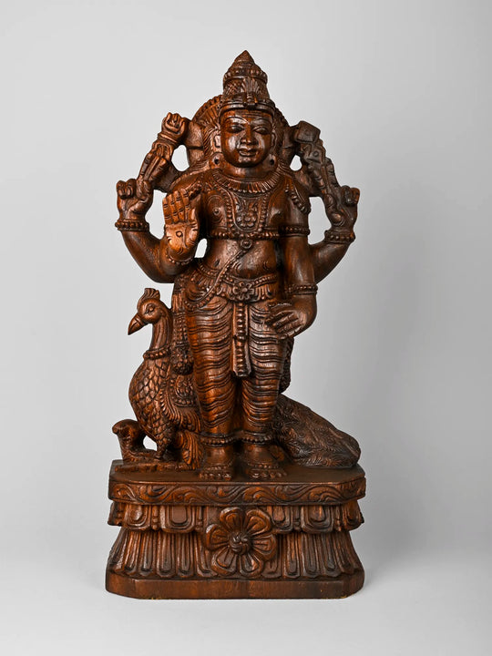 Handcrafted wooden Lord Murugan standing statue