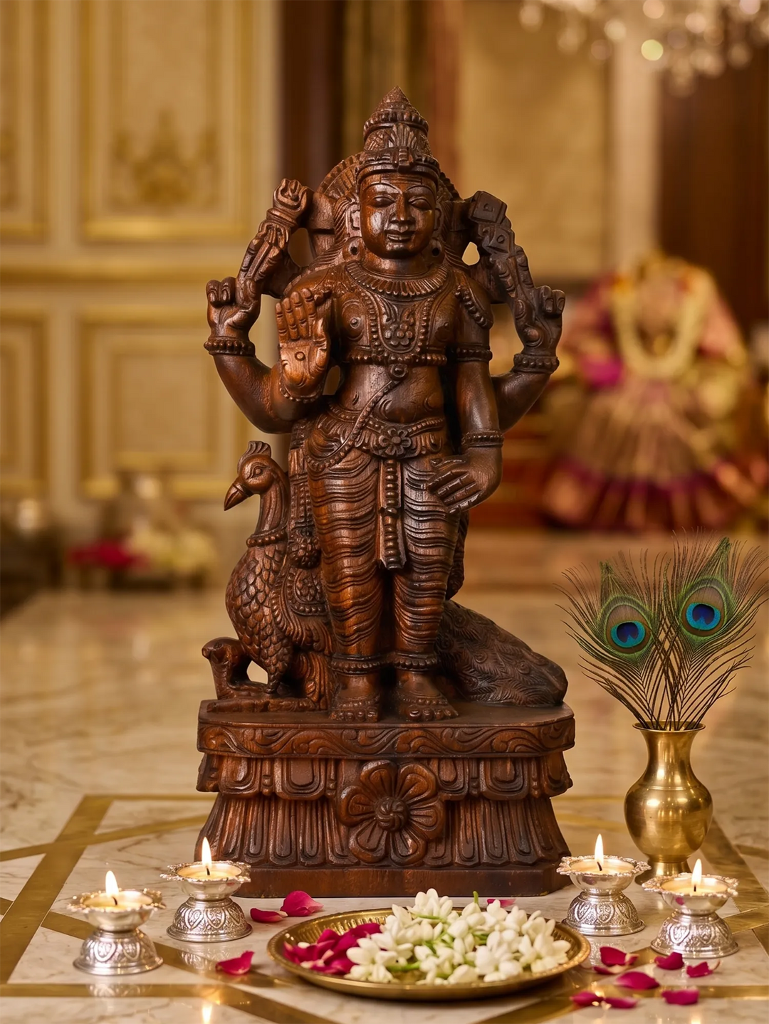 Handmade Murugan wooden sculpture for pooja room