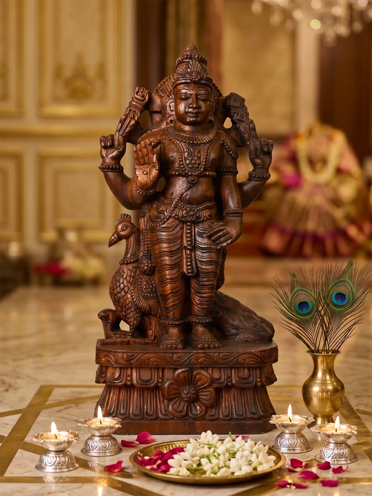 Handmade Murugan wooden sculpture for pooja room