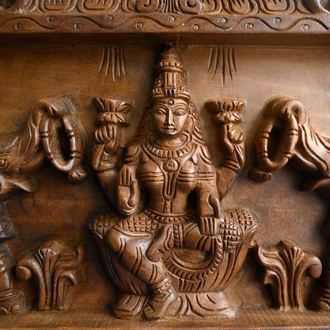 Gajalakshmi Wooden Wall Art Panel – South Indian Temple Style Carving 24"