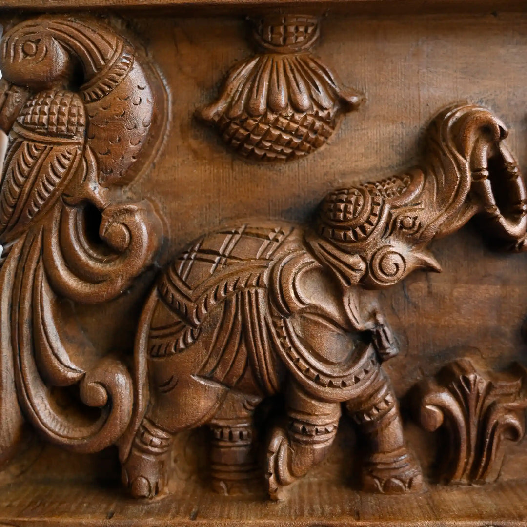 Gajalakshmi Wooden Wall Art Panel – South Indian Temple Style Carving 24"