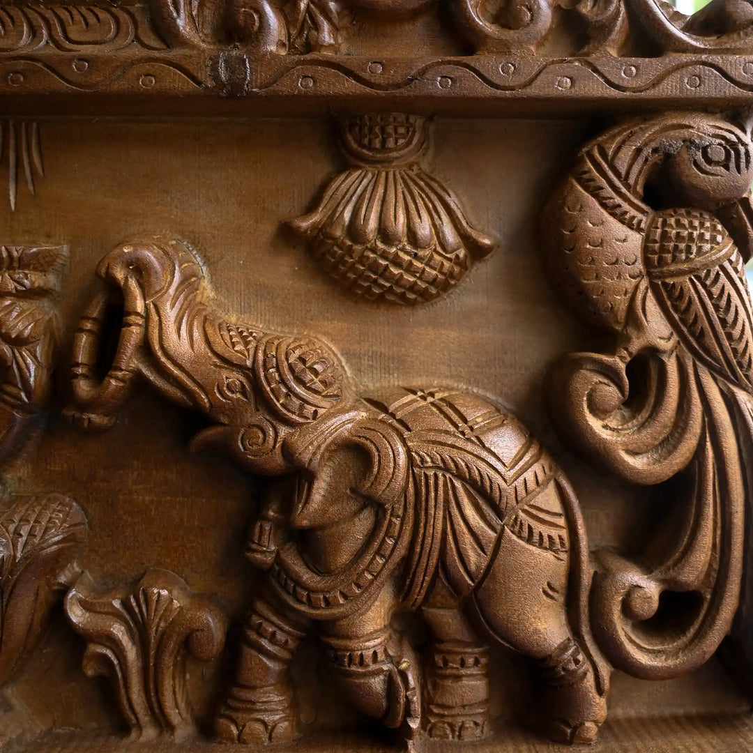 Gajalakshmi Wooden Wall Art Panel – South Indian Temple Style Carving 24"