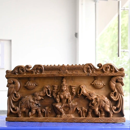 Indian traditional wooden wall hanging Gajalakshmi
