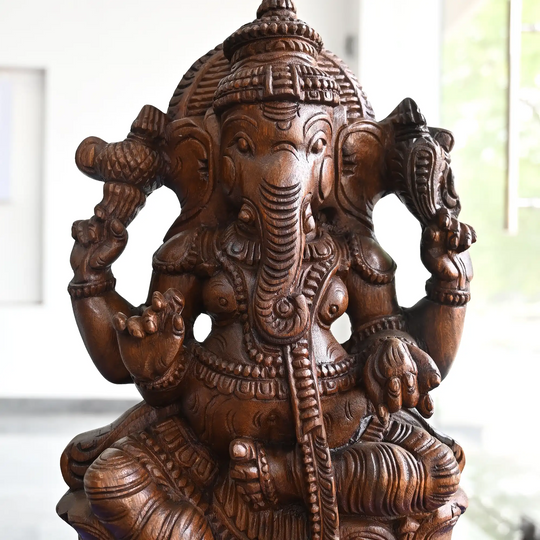 Ganesh Wooden Statue – South Indian Traditional Hand Carved Ganesha 24"