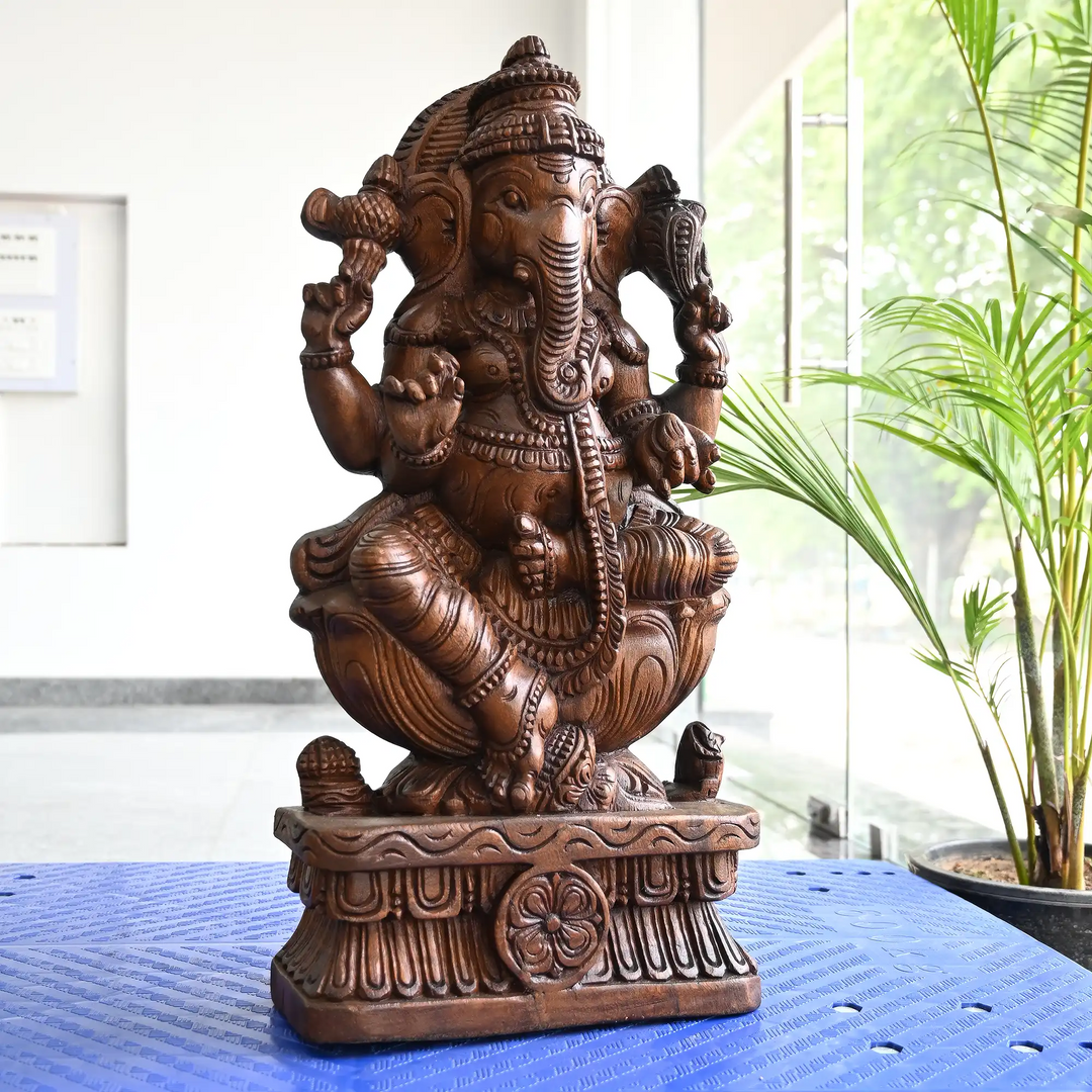 Handcrafted Ganesha wood carving statue