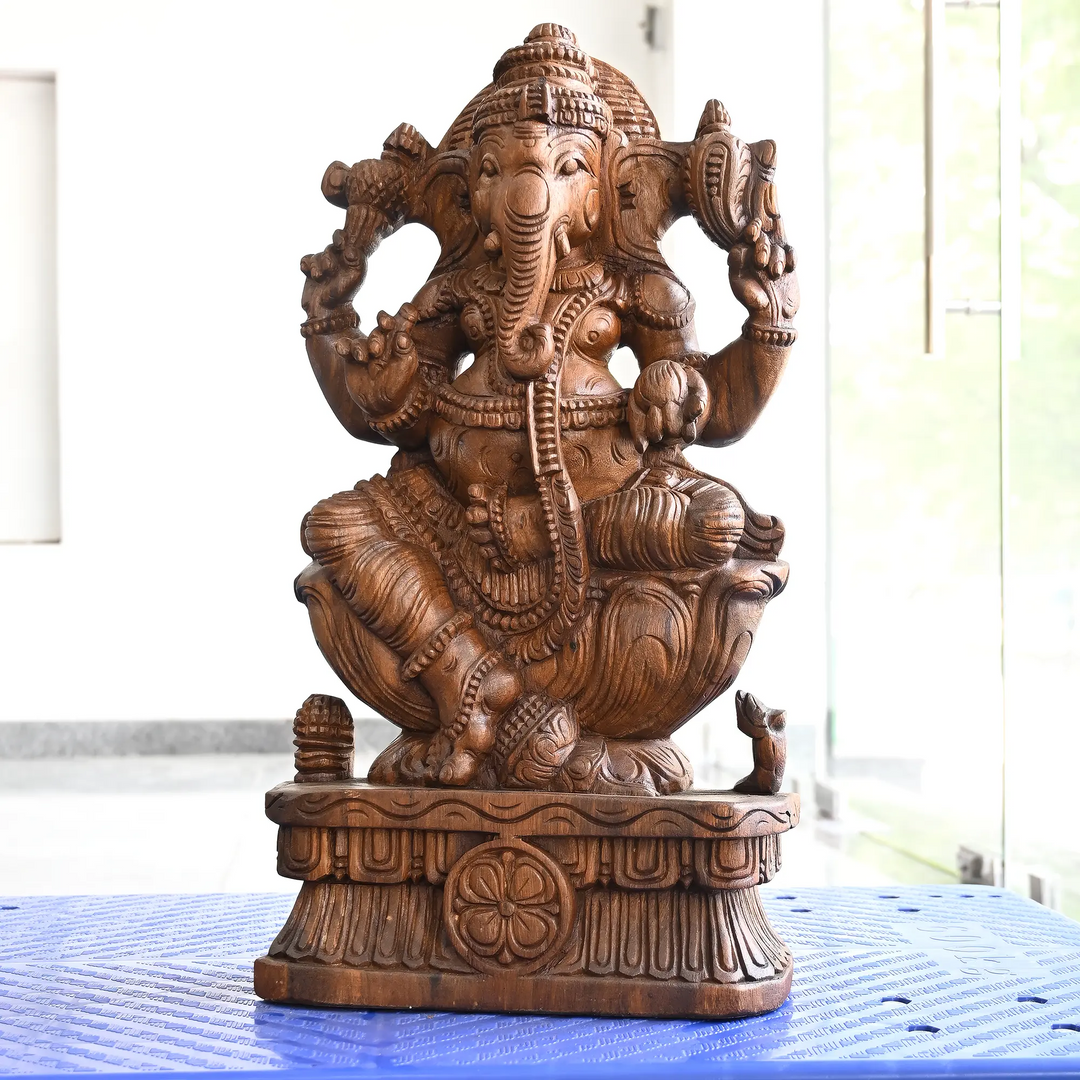 Wooden Ganesh Moorthi – Hand Carved Lord Ganesha Statue 24"