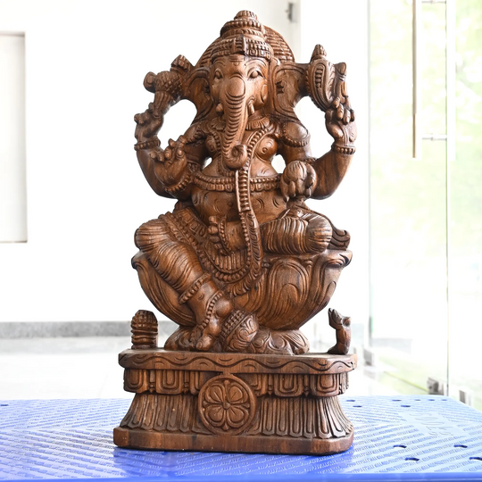 Wooden Ganesh Moorthi – Hand Carved Lord Ganesha Statue 24"