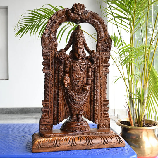 Traditional Hindu deity wooden carving of Lord Venkateswara