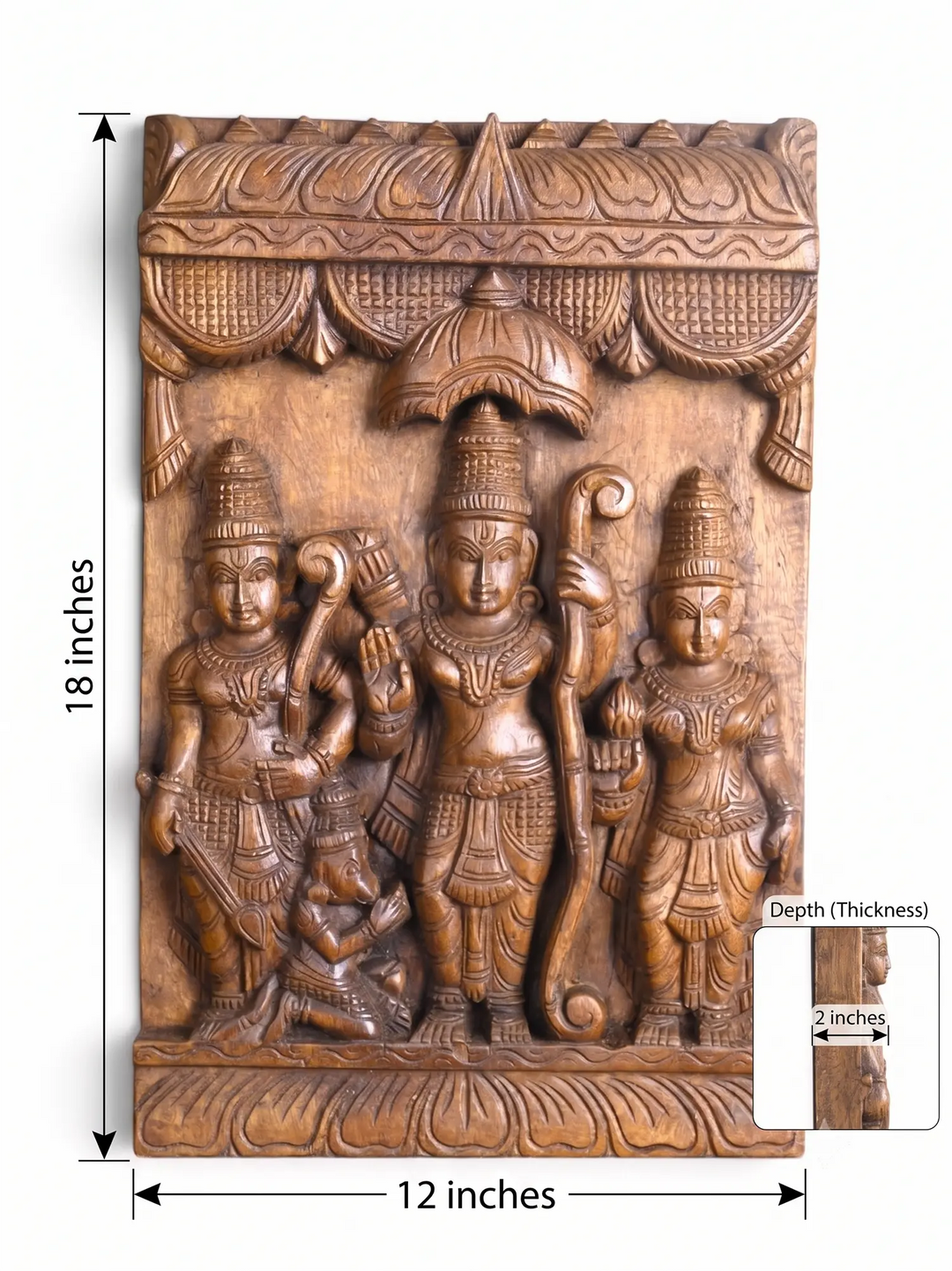 Lord Rama, Sita and Lakshmana carved wooden wall decor panel – 18 inch