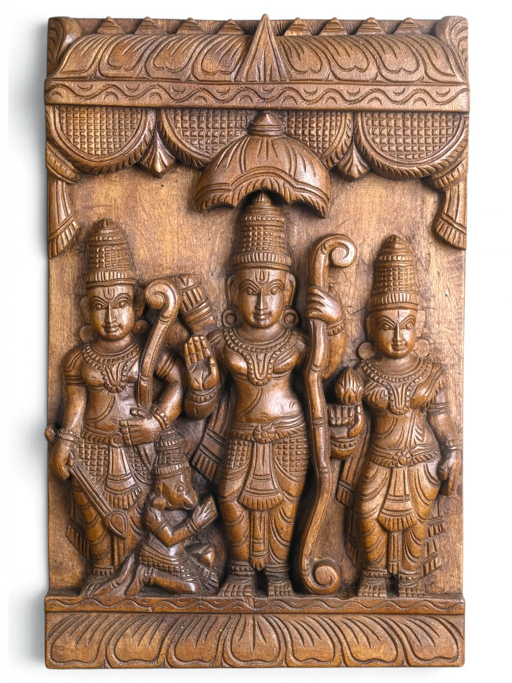 Lord Rama, Sita and Lakshmana carved wooden wall decor panel – 18 inch
