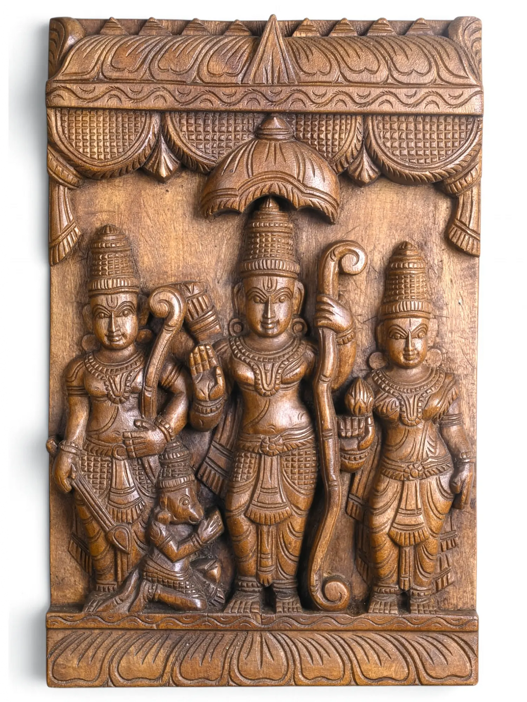 Lord Rama, Sita and Lakshmana carved wooden wall decor panel – 18 inch