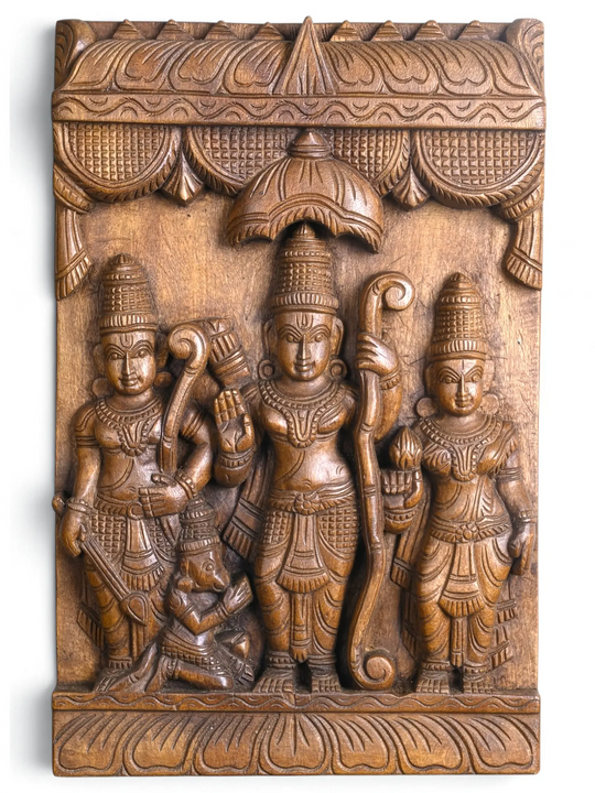 Lord Rama, Sita and Lakshmana carved wooden wall decor panel – 18 inch