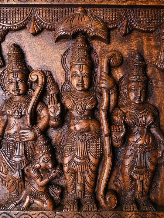 Hand Carved Wooden Ram Darbar Wall Hanging Panel-Traditional Indian Wood Carving Art