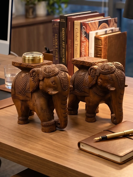 Wood Handmade Twin Elephant Sculptures With Stand For Table Top.7''
