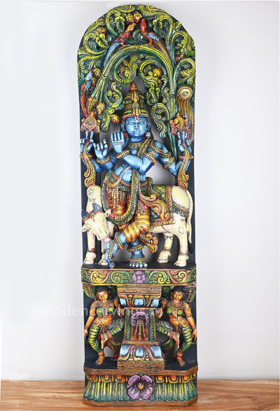 Collections of Blueish Lord Krishna Standing With Cow, Playing With Flute Jali Work 48"
