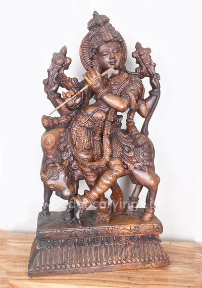 Beautiful Lord Krishna Standing With Cow and Playing With Flute Wooden Sculpture 36"