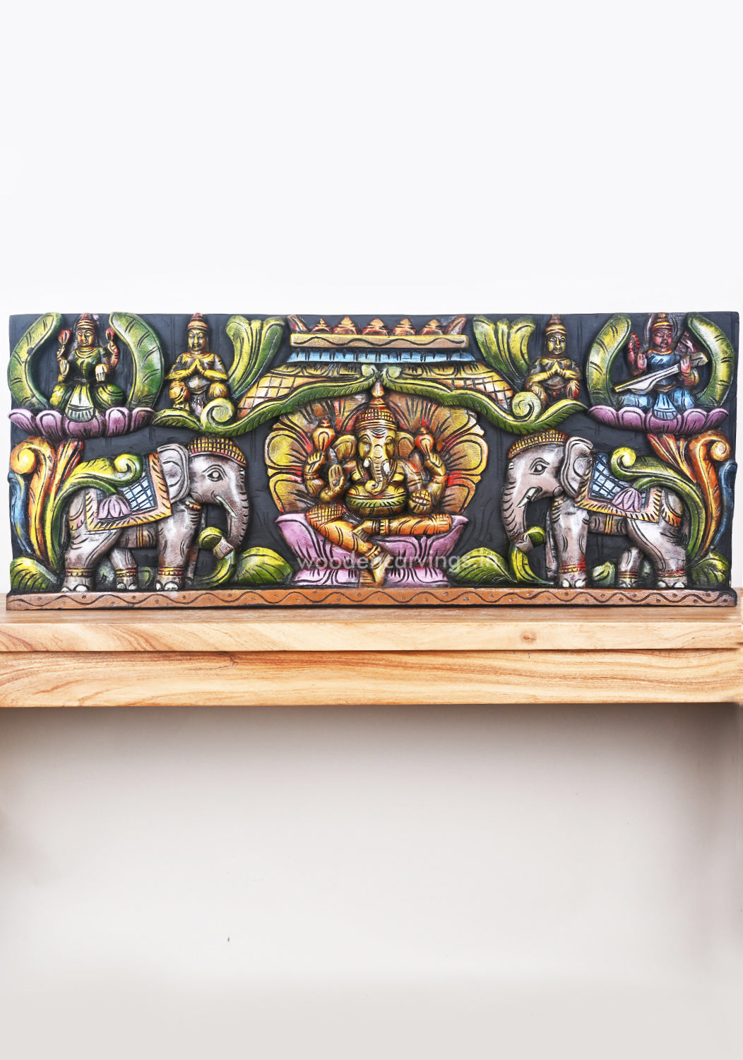 Rare Gaja Ganesha Petal Mandap Design Art Work With Goddess Lakshmi, Saraswathi Panel 37"