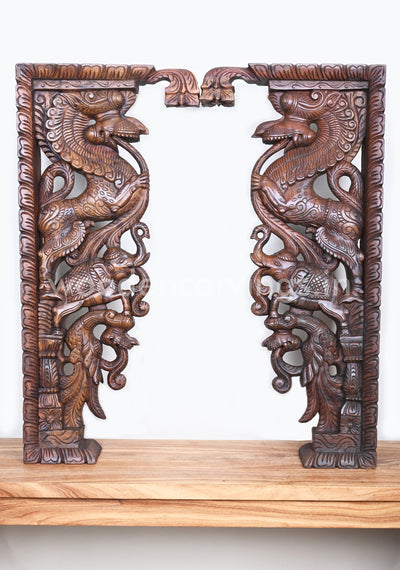 Stunning Decorative Ancient Animal Yaazhi Paired Wooden Home Decor Wall Mounts 35"