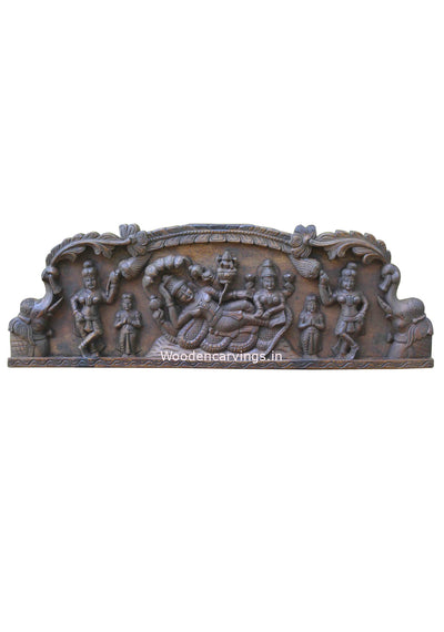 Lord Padmanabha Swamy Reclining on Adisesha with Paired Elephants Wooden Wall Mount Sculpture 36"