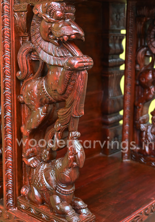 Wooden Decorative Pooja Mandapam with Paired Yaazhi Sculpture – 57"