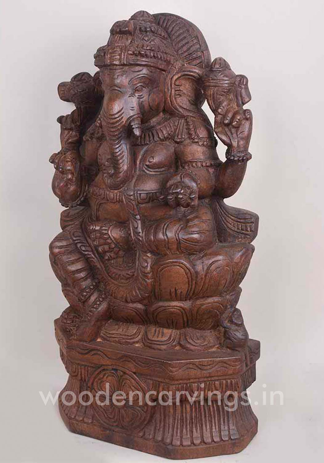 Vaagai Wood Wisdom Ganesha With Rat Sculpture 23"
