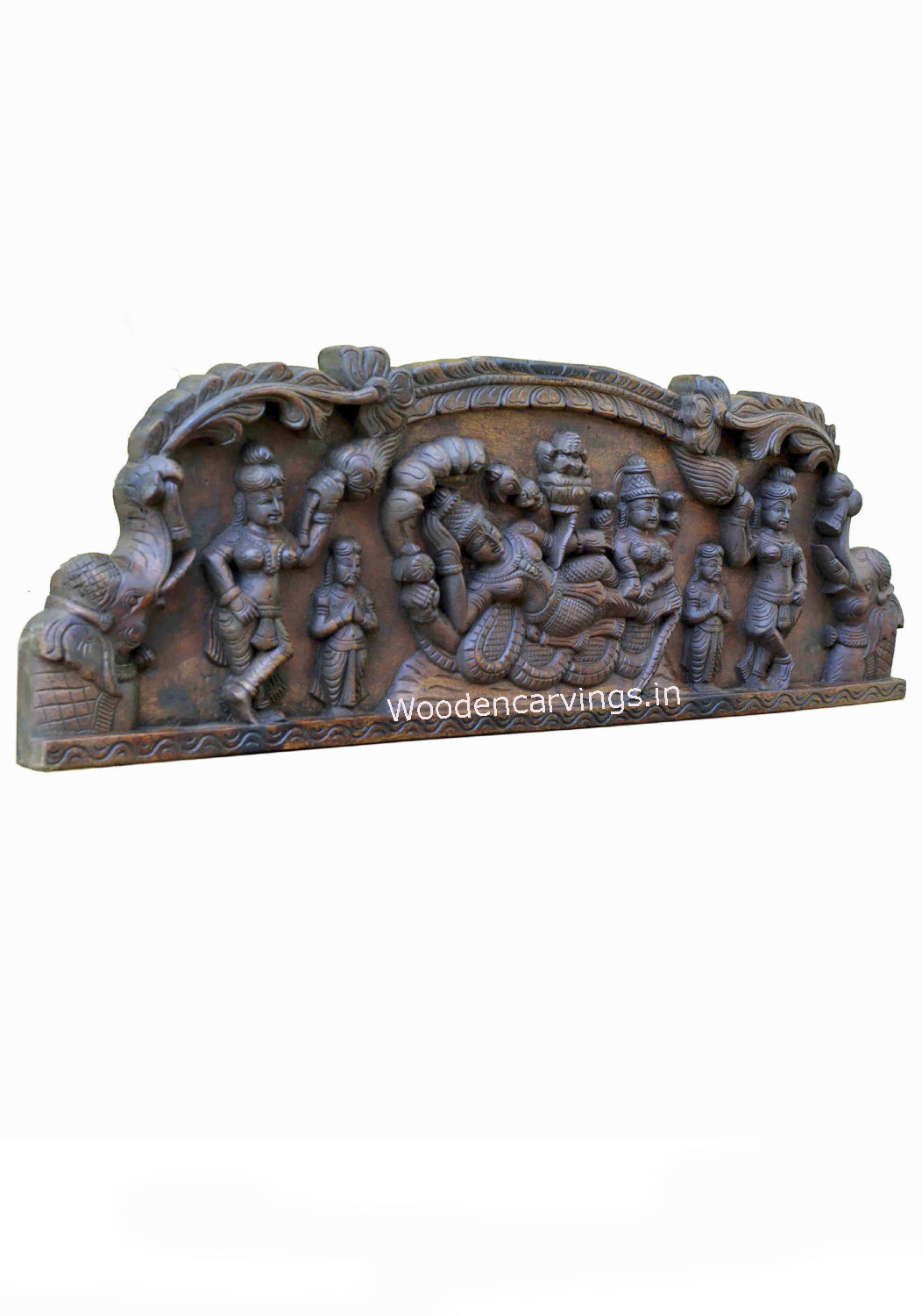 Lord Padmanabha Swamy Reclining on Adisesha with Paired Elephants Wooden Wall Mount Sculpture 36"