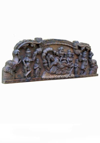 Lord Padmanabha Swamy Reclining on Adisesha with Paired Elephants Wooden Wall Mount Sculpture 36"