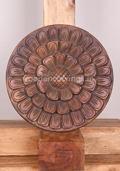 Wooden Sun Flower Design Decorative Wax Brown Wooden Entrance and Pooja Room Decor Wall Mount 12"