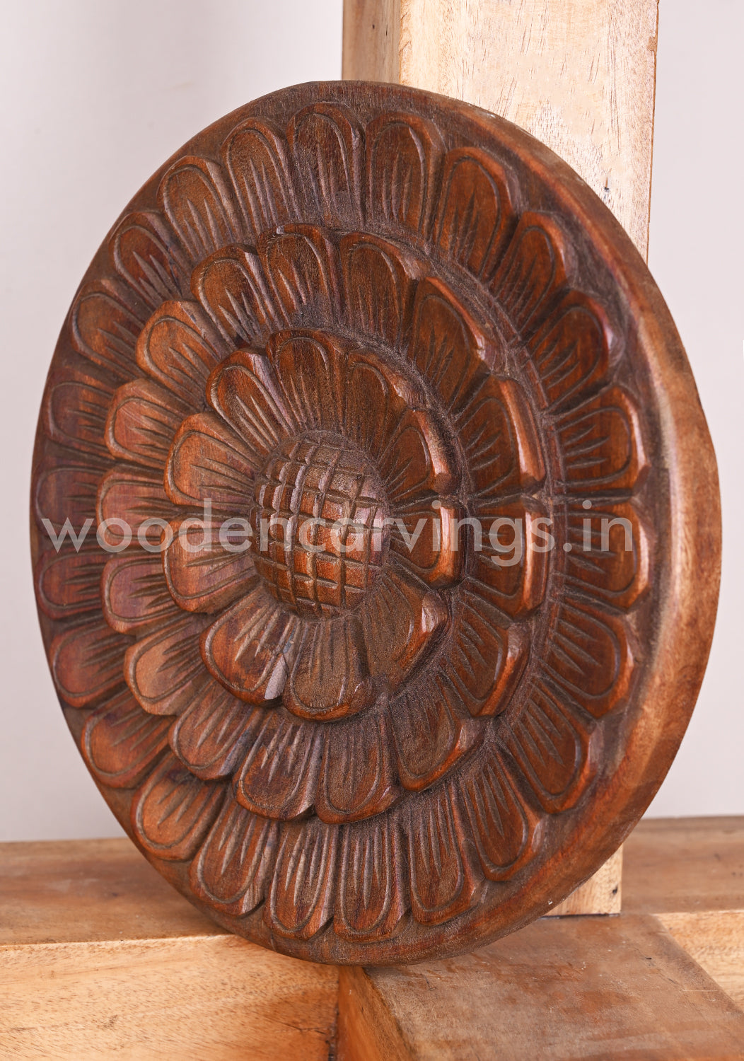 Wooden Sun Flower Design Decorative Wax Brown Wooden Entrance and Pooja Room Decor Wall Mount 12"