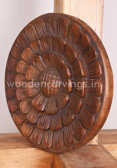 Wooden Sun Flower Design Decorative Wax Brown Wooden Entrance and Pooja Room Decor Wall Mount 12"