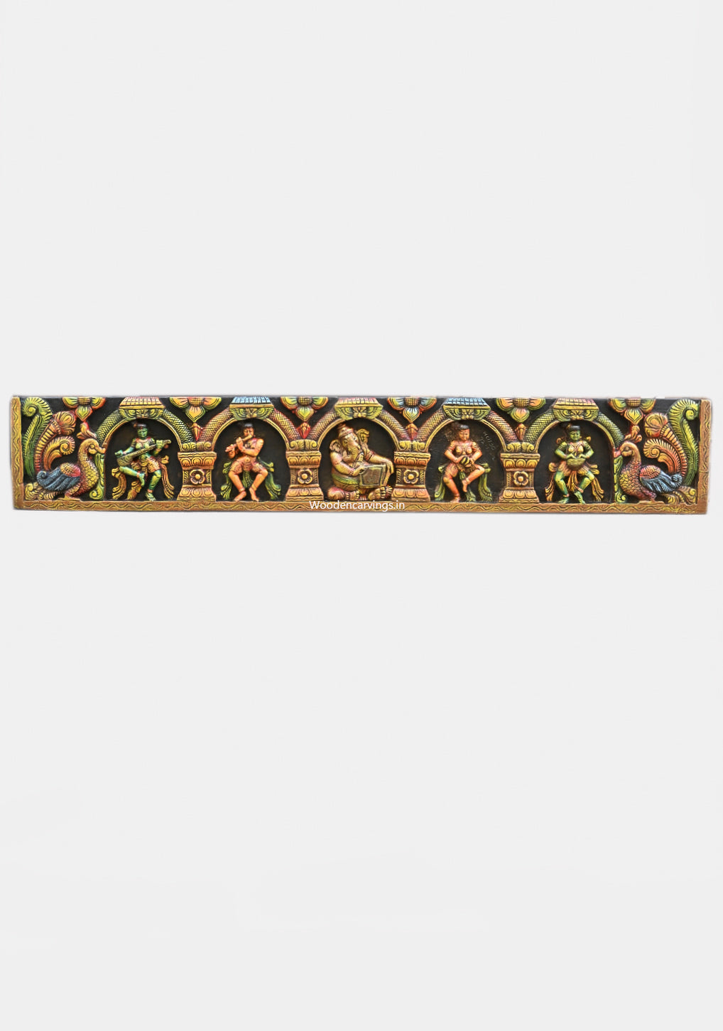 Wooden Horizontal Musical Lord Ganesh With Dancing Apsaras Multicoloured Wooden Wall Panel 72"