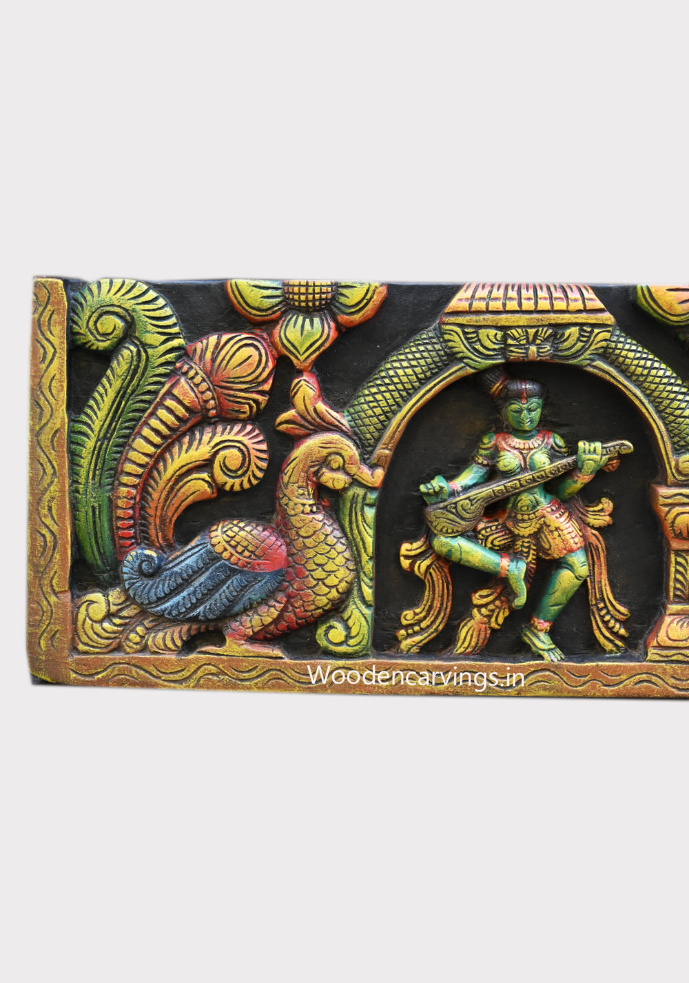 Wooden Horizontal Musical Lord Ganesh With Dancing Apsaras Multicoloured Wooden Wall Panel 72"