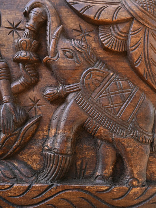 Goddess GajaLakshmi seated on Lotus Horizontal  wooden panel 19"