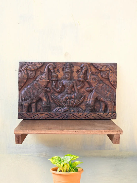 Goddess GajaLakshmi seated on Lotus Horizontal  wooden panel 19"
