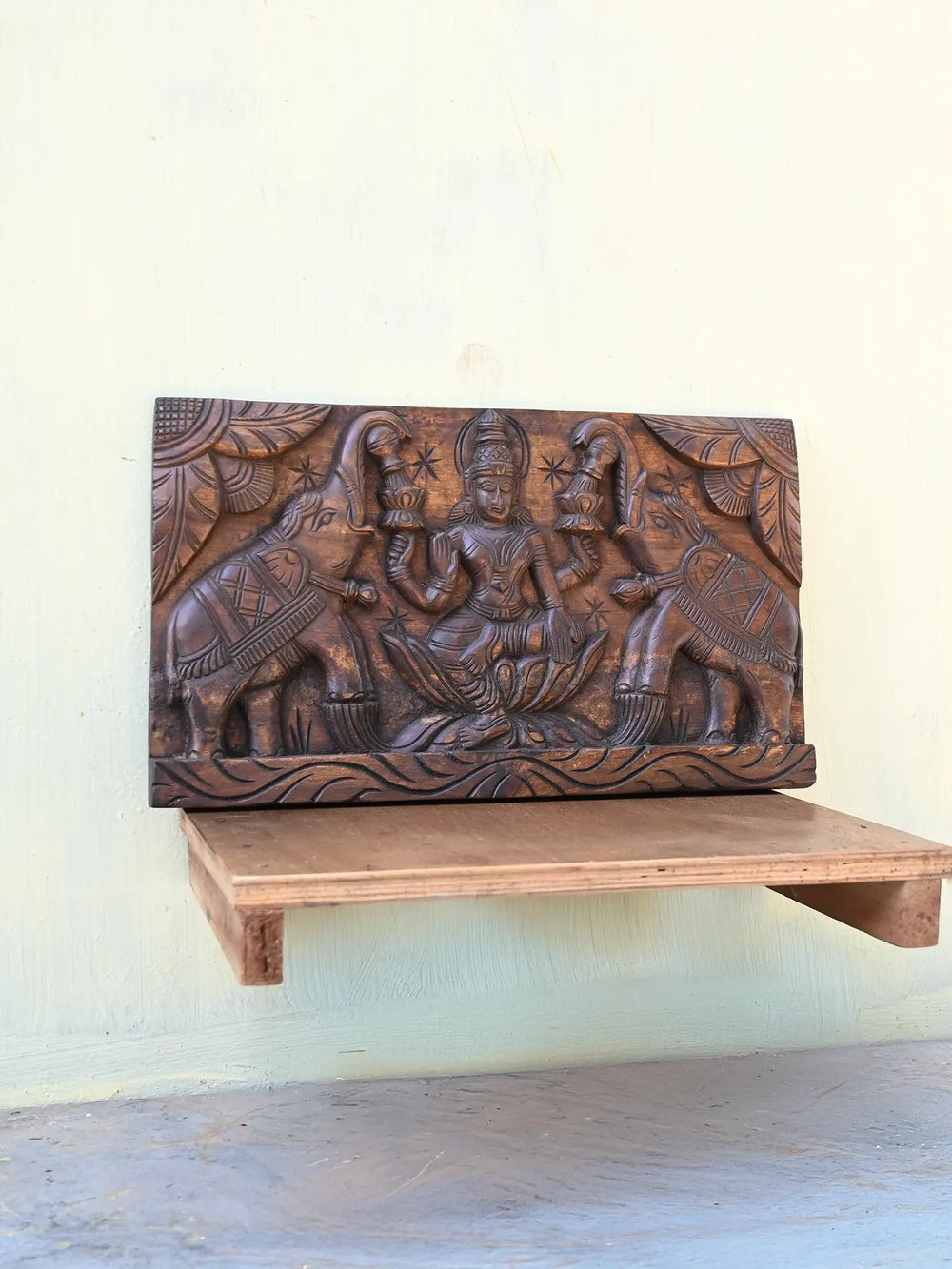 Goddess GajaLakshmi seated on Lotus Horizontal  wooden panel 19"