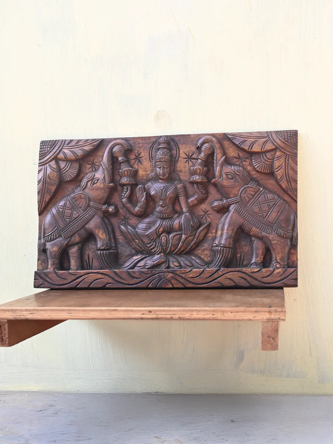 Goddess GajaLakshmi seated on Lotus Horizontal  wooden panel 19"