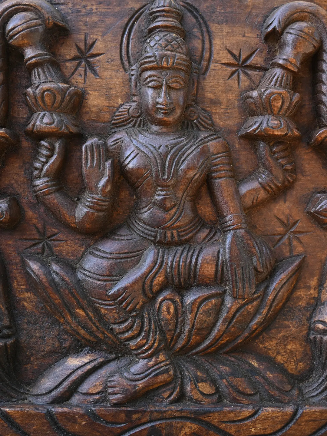 Goddess GajaLakshmi seated on Lotus Horizontal  wooden panel 19"