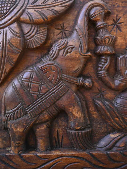Goddess GajaLakshmi seated on Lotus Horizontal  wooden panel 19"