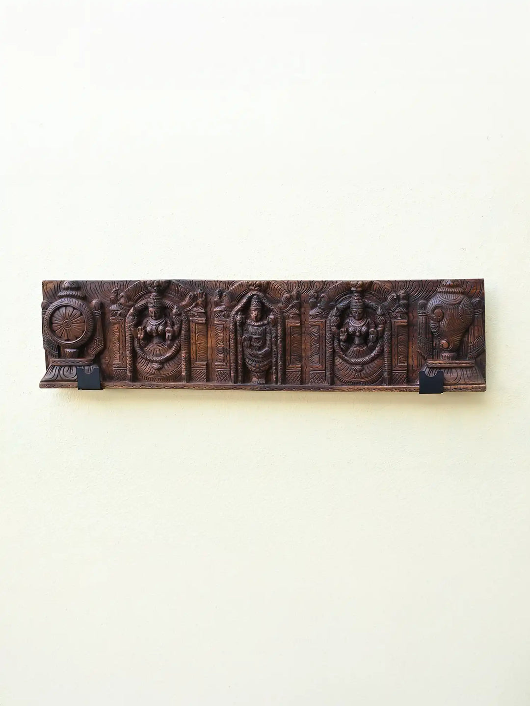 Balaji with Two Consorts, Padmavathi & Lakshmi Wooden Panel 48"