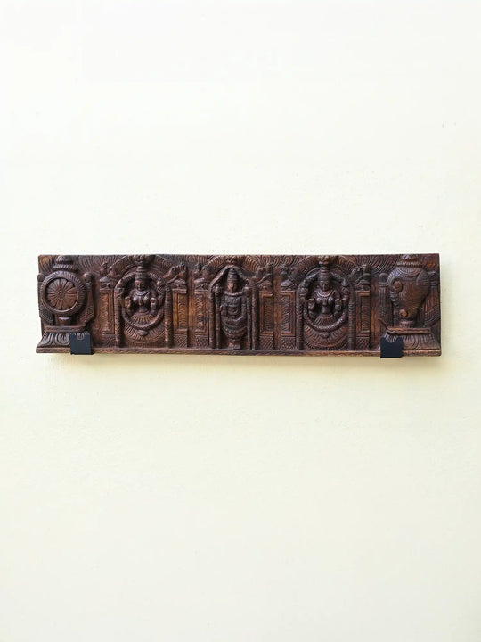 Balaji with Two Consorts, Padmavathi & Lakshmi Wooden Panel 48"