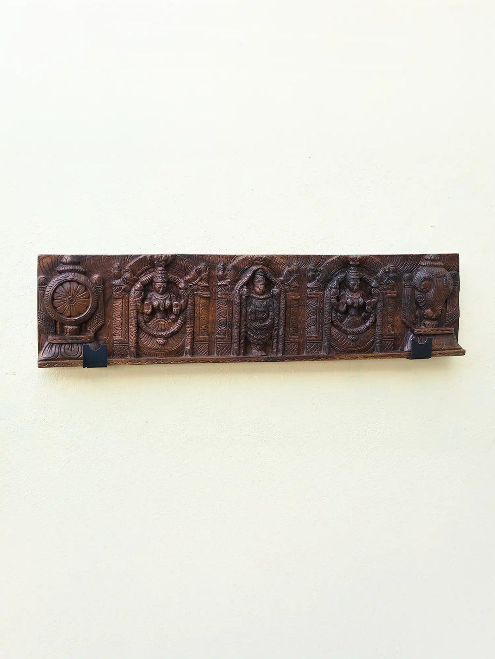 Balaji with Two Consorts, Padmavathi & Lakshmi Wooden Panel 48"