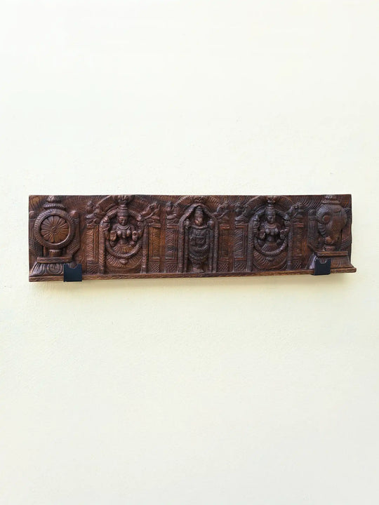 Balaji with Two Consorts, Padmavathi & Lakshmi Wooden Panel 48"