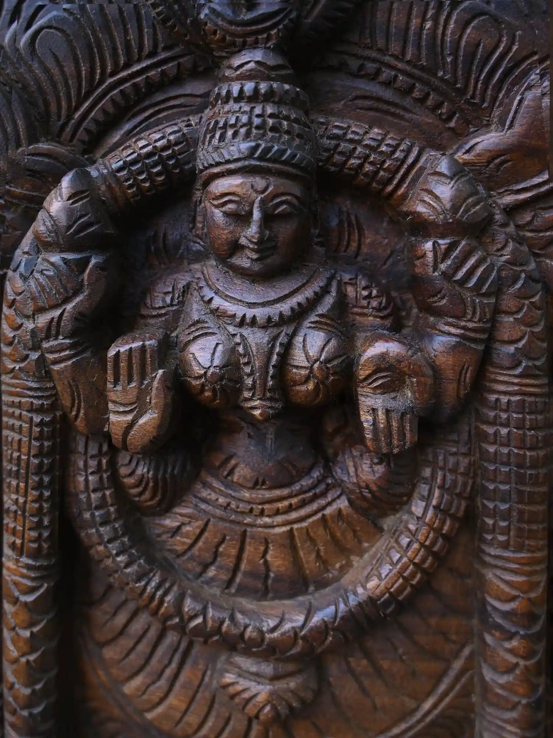 Balaji with Two Consorts, Padmavathi & Lakshmi Wooden Panel 48"